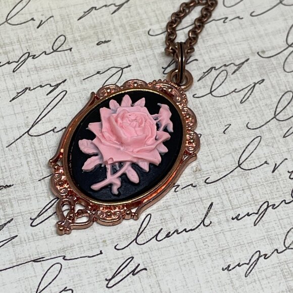 Gothic Steampunk Halloween Rose Gold Necklace Black Pink Rose Cameo Jewelry - Picture 11 of 11